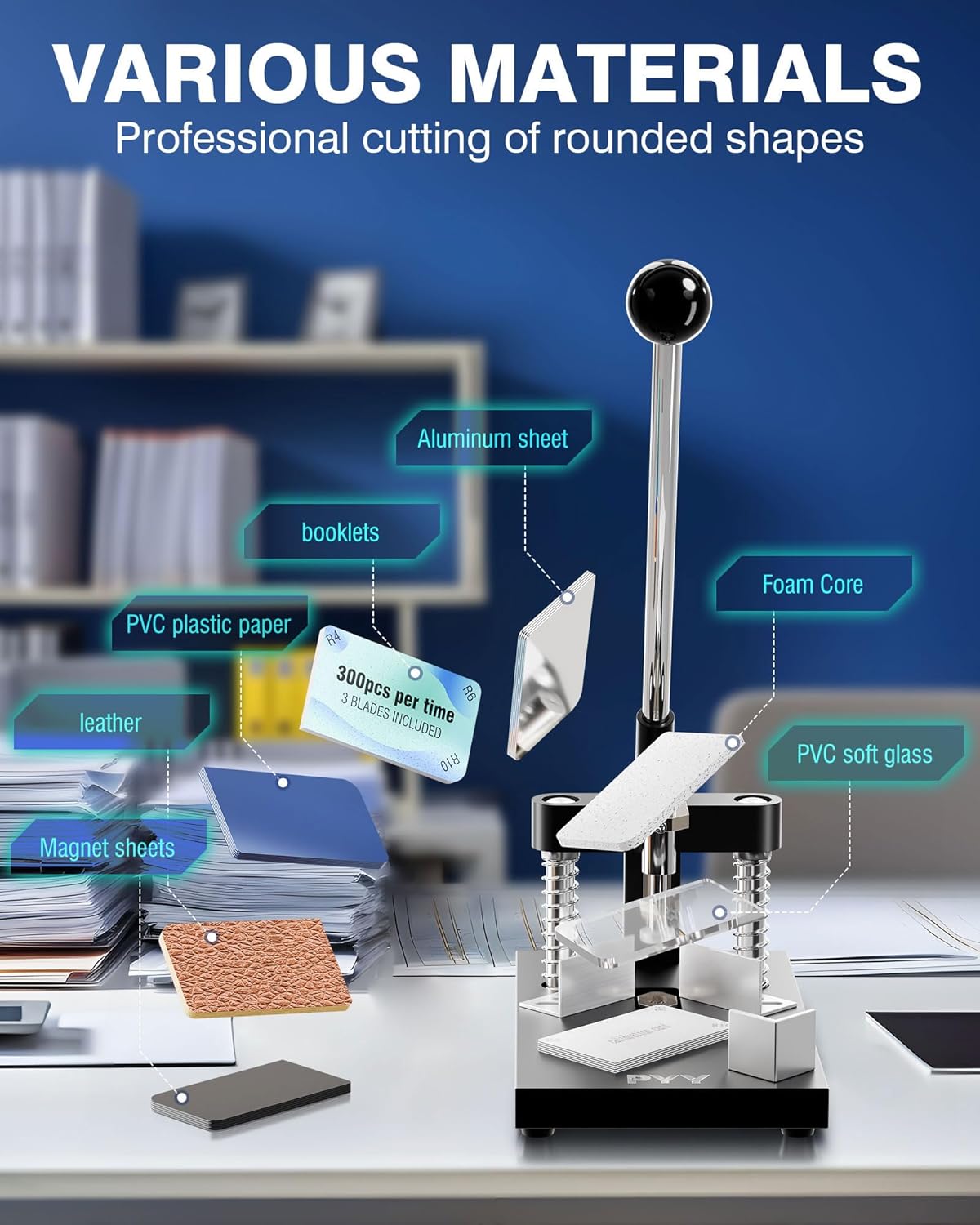 PYY Corner Rounder Punch Cutter - Round Edge Paper Cardstock Laminate Business Card Photo Crafting Tool Machine | 3 Dies R4mm R6mm R10mm Blades | Max 30mm/1.2" Cutting Thickness | Heavy Duty A3 Steel