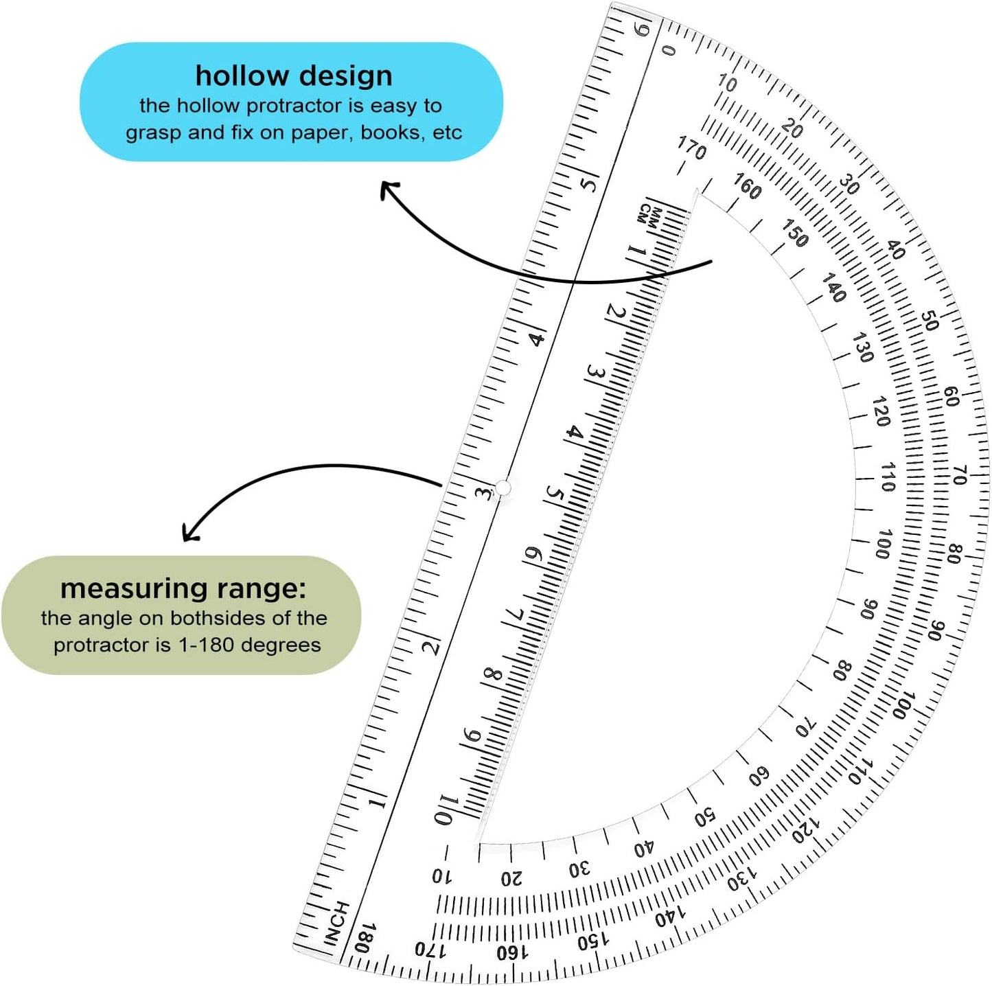 Zonon 100 Pieces Plastic Protractors Bulk Classroom Clear Math Protractors 180 Degrees 6 Inch for Geometry Student, Angle Measurement, Students Back to School Supplies Office Supplies