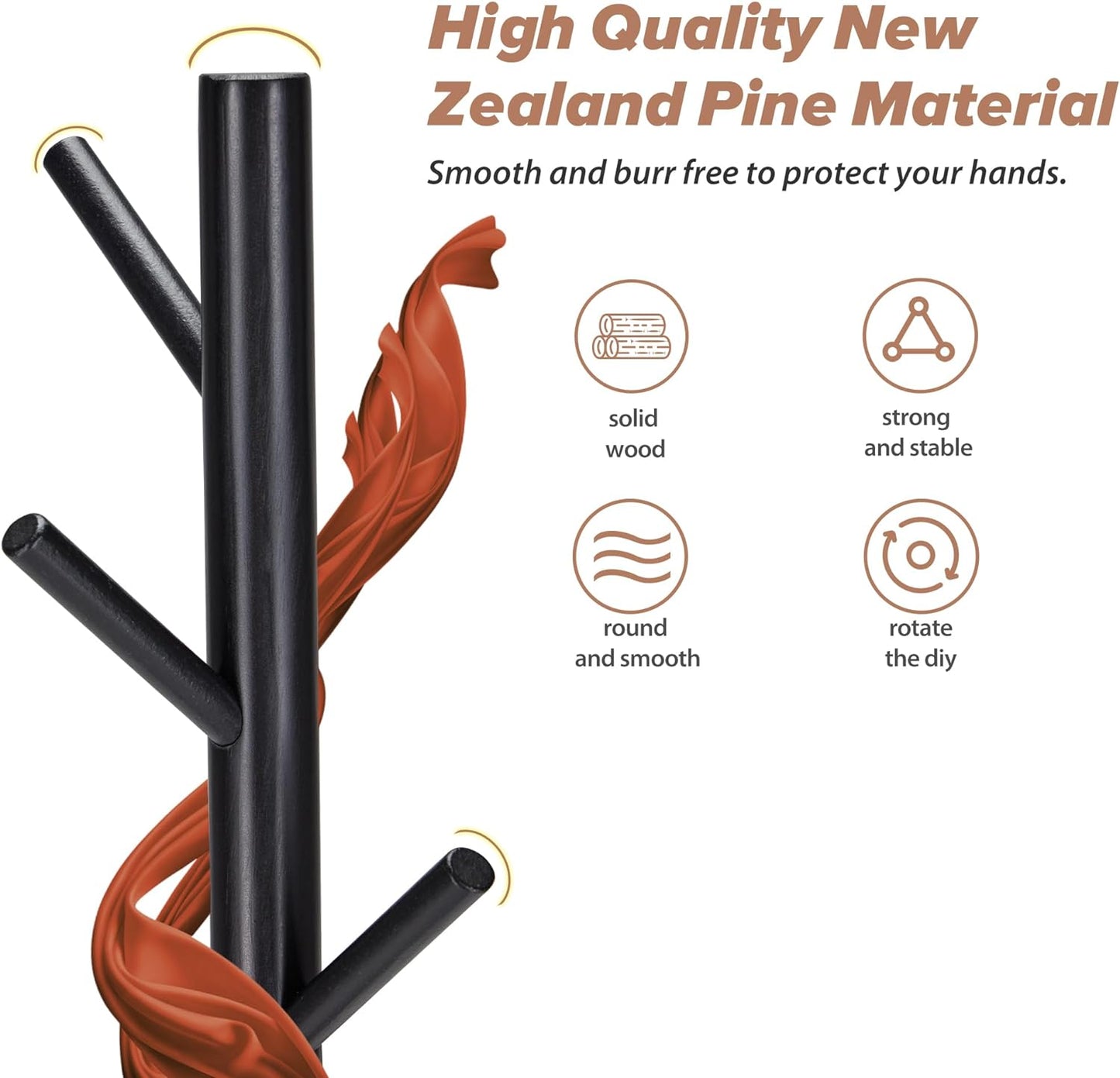 Wooden Coat Rack, Free Standing Coat Rack with 8 Hooks 3 Adjustable Heights for Clothes, Hats, Handbags, Coat Tree Easy Assembly for Entryway, Bedroom, Hallway, Office(2PCS)