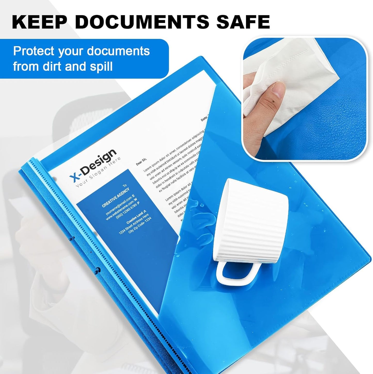 Teling 48 Pcs Clear Front Report Covers with 3 Prongs Fasteners, 11.42 x 9.45 Inch Plastic Book File Covers 90 Sheet Capacity, Presentation Folder with Blue Back Cover for Office Business