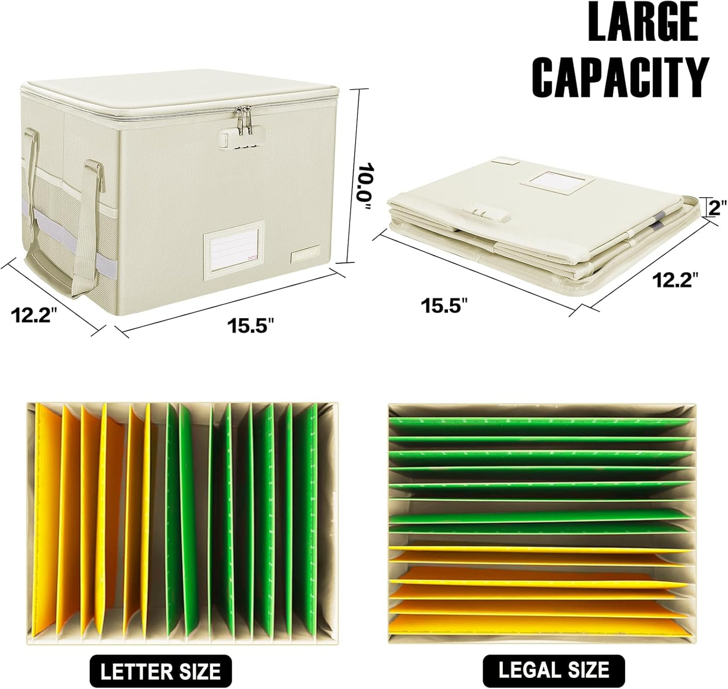 ENGPOW File Box with Lock, Fireproof Document Box with Zipper Lid, Collapsible File Storage Organizer Filing Cabinet with Handles, Portable Home Office Safe for Hanging Letter/Legal Folders, Beige