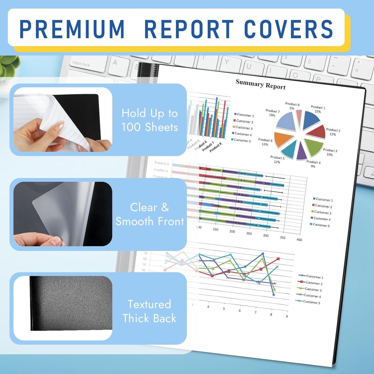 8 Pack Report Covers, COIDEA Report Covers with 3-Prong Fasteners, Presentation Folders for A4 and Letter Size Paper, Clear Front Report Covers Binder Bulk for School Business, 100 Sheet Capacity