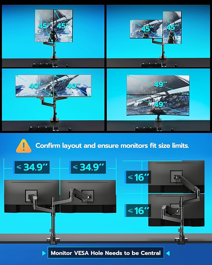 ARES WING Dual Monitor Stand for Ultrawide Heavy Duty Curved Monitor Stacking, Fits 17-49 Inch, Vertical Gas Spring Double Monitor Mount with USB, Adjustable Dual Monitor Mount for Desk, Black