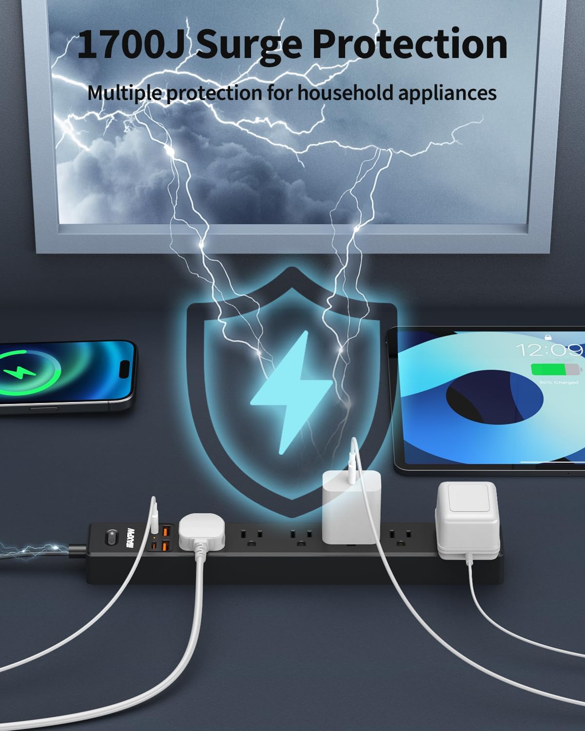 2 Pack Power Strip Surge Protector - 7 Outlets 4 USB Ports (2 USB C), Maxpw 10 Ft Ultra Thin Flat Plug Extension Cord, 1875W/15A, 1700 Joules, Wall Mount for Home Office Dorm, Black