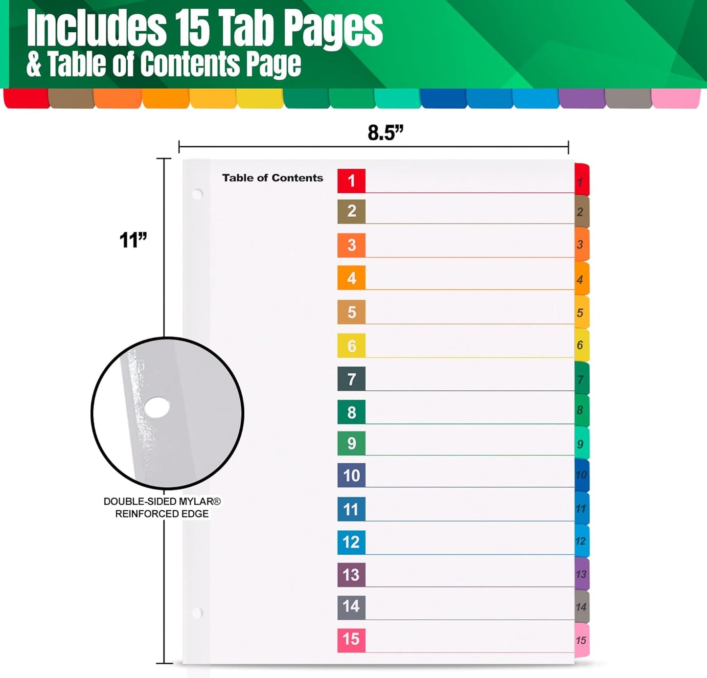 Tab Dividers for 3 Ring Binders – 6 Sets, 1–15 Numbered Index Dividers with Table of Contents – 8.5 x 11 in, 3-Hole Punched – Binder Dividers for School, Office, Filing, Organizing - 6 Pack