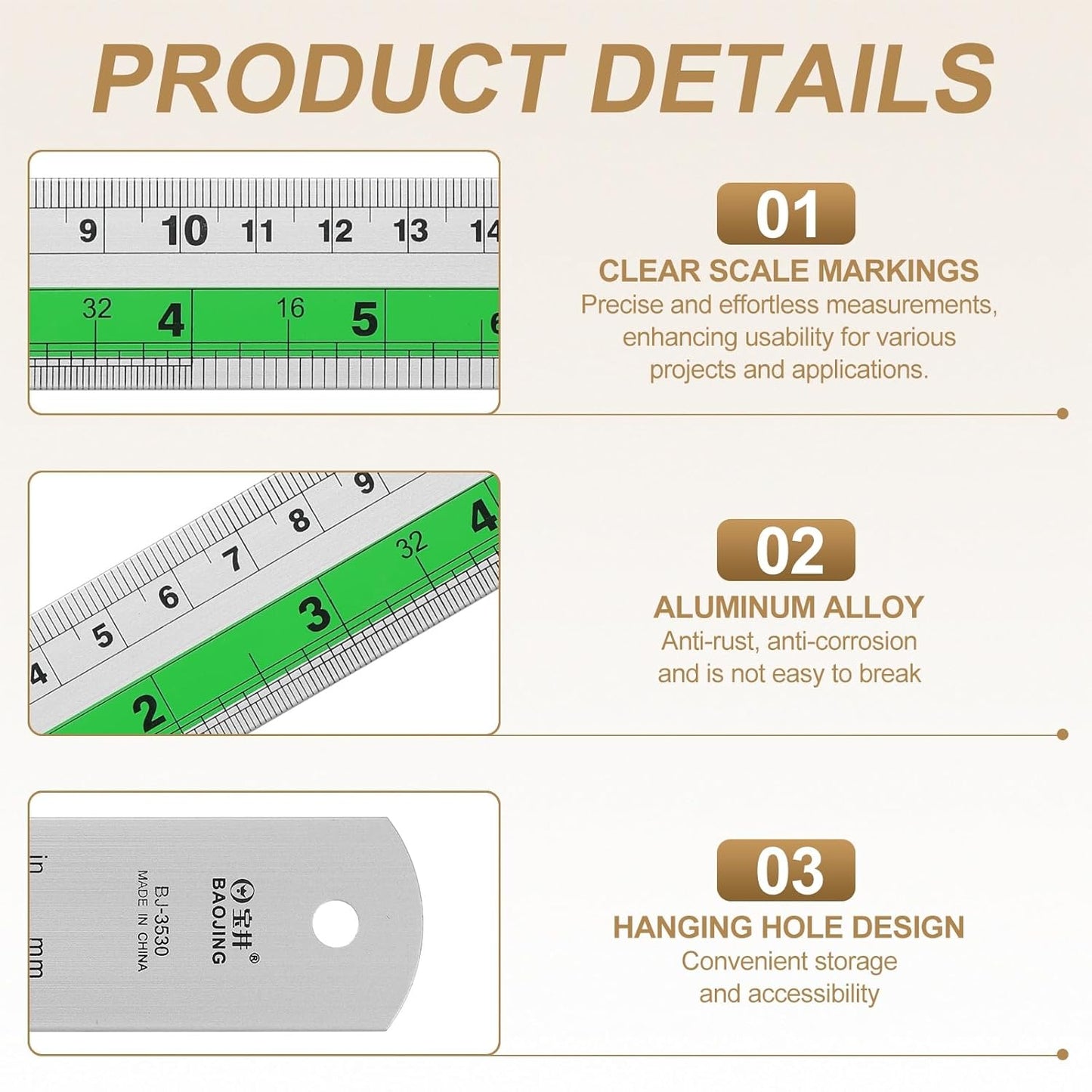 HARFINGTON 6pcs Metal Straight Ruler 20cm Metric SAE Aluminum Alloy Measuring Rulers Scale Tool with Hole for Measure Study Reading Classroom Office, Green