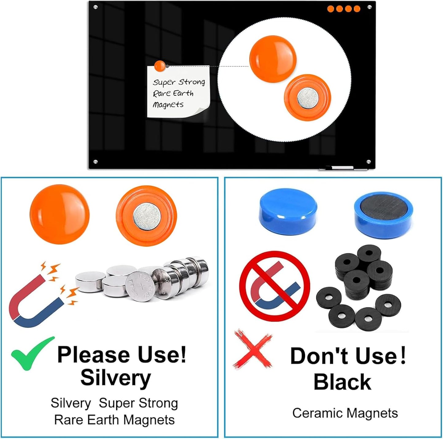 KIZZBY Black Glass Dry Erase Board - Magnetic Blackboard for Wall, 48"x36" Large Frameless Black Whiteboard for Office, Home & School