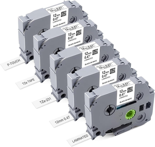 TZe-231 Replace for Brother Label Maker Tape TZ TZe Work with Brother P Touch Label Tape 12mm 0.47 Laminated White 1/2" P Touch Refill Black on White TZe-231 Cartridge for PT-H103w H110 D210 D220 1180