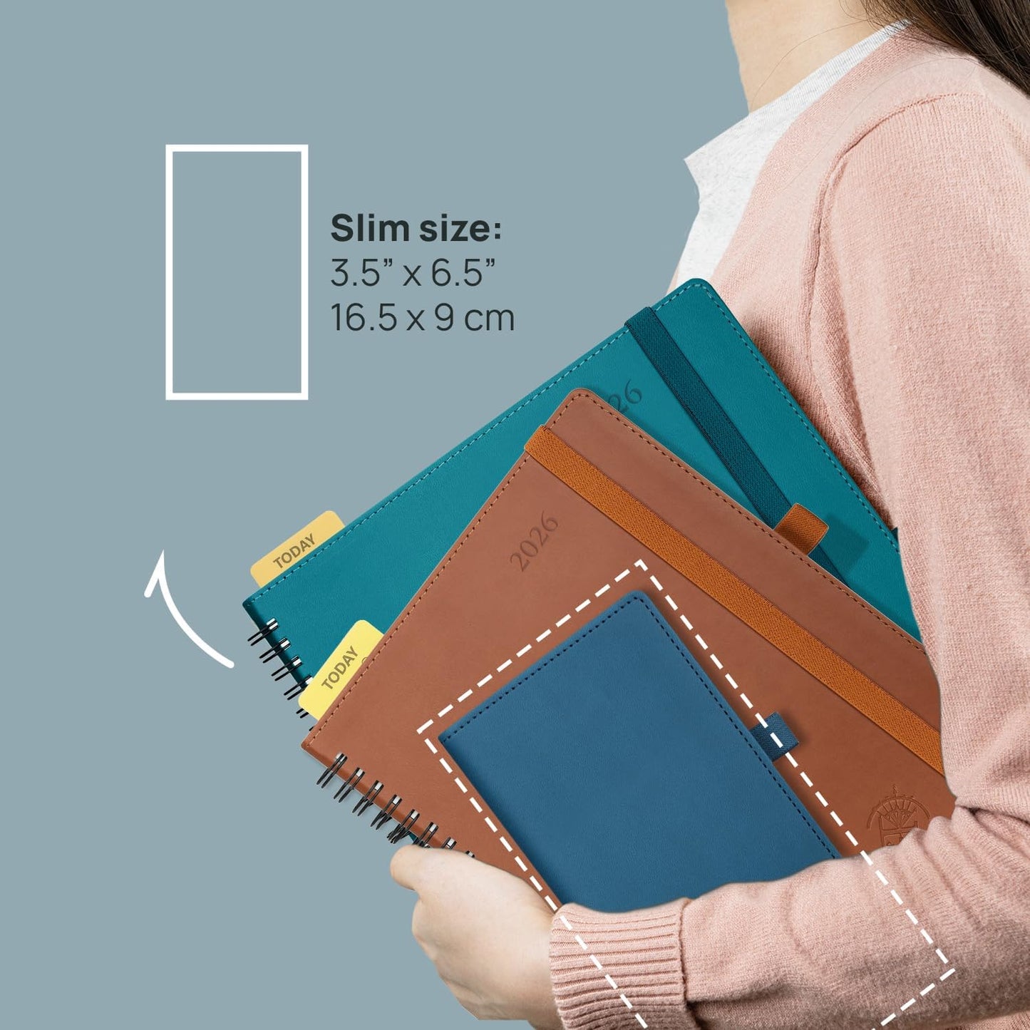 POPRUN 2026 Pocket Planner (Slim Size 3.5" x 6.5") Weekly and Monthly Calendar for Purse, with Hourly Time Slots, 100GSM Thick Paper, Spiral Soft Cover, Pen Holder - Pacific Green