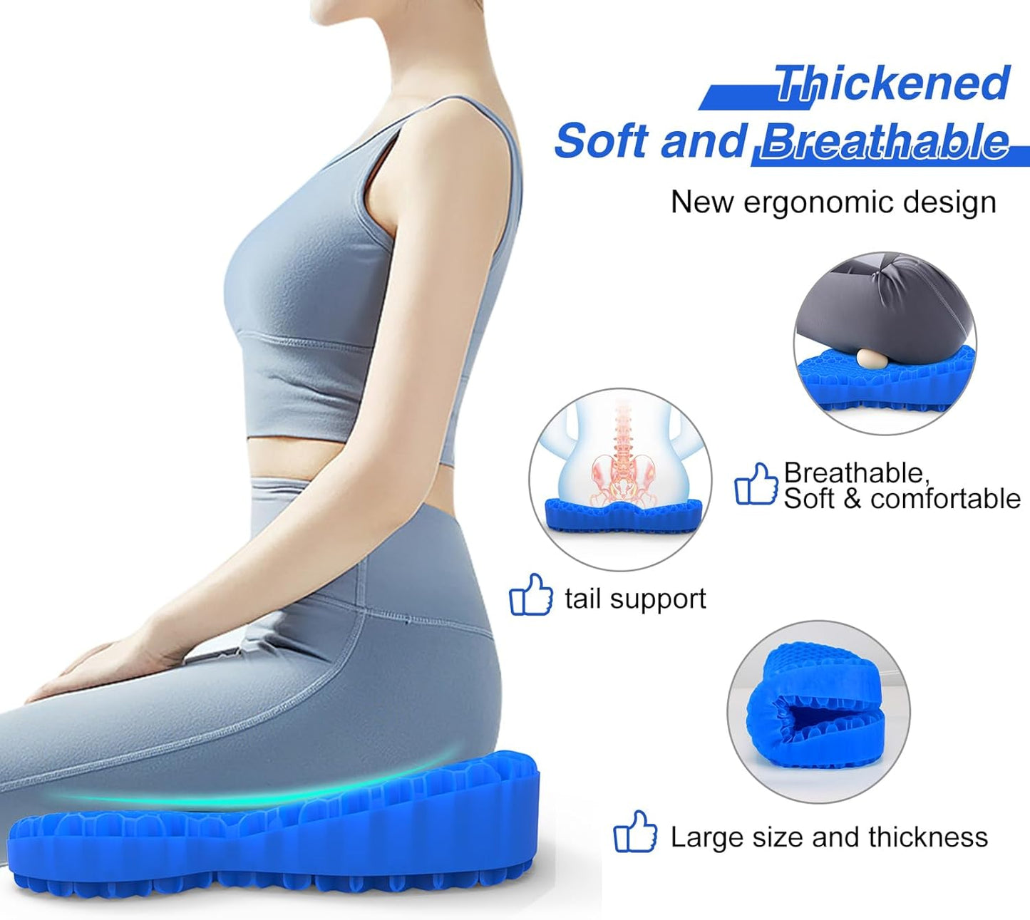 Thicken 19.7in Seat Cushion, Gel Seat Cushion for Long Sitting–Office Chair, Wheelchair, Car Pad, Large Cooling Support Pad for Back Pain, Sciatica, Tailbone Pain Relief