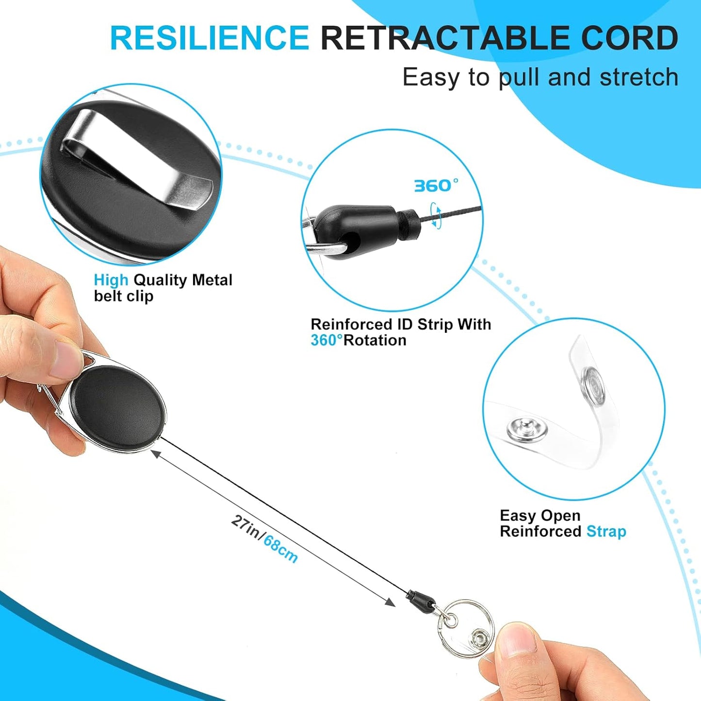 50 Pack Retractable Badge Reel with Carabiner Belt Clip and Key Ring Retractable ID Badge Holders for Office Worker Doctor Nurse