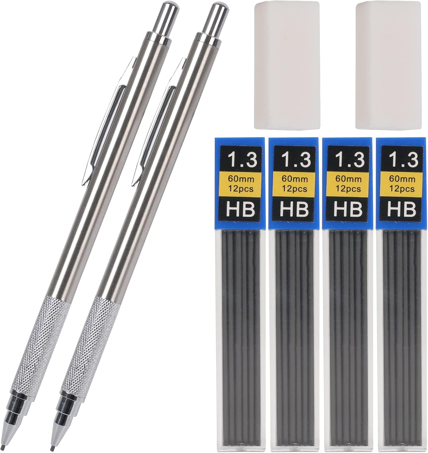 1.3 mm Mechanical Pencil Set with 4 Tubes Lead Refills,2 Eraser,1.3mm Mechanical Pencils,Metal Drafting Pencil, Lead Holder,Drawing Mechanical Pencils,Carpenter Pencils for Marking, Sketching
