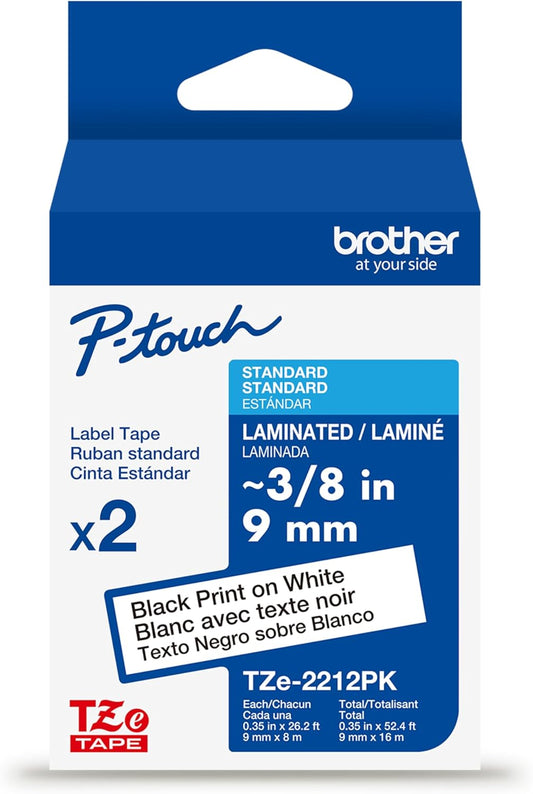 Brother Genuine P-touch TZe 2-Pack Black Print on White Label Tapes (TZe2212PK), Laminated,3/8in x 26.2ft (9mm x 8m) each, for Select P-touch Label Makers, Durable, Water-Resistant, Indoor/Outdoor Use