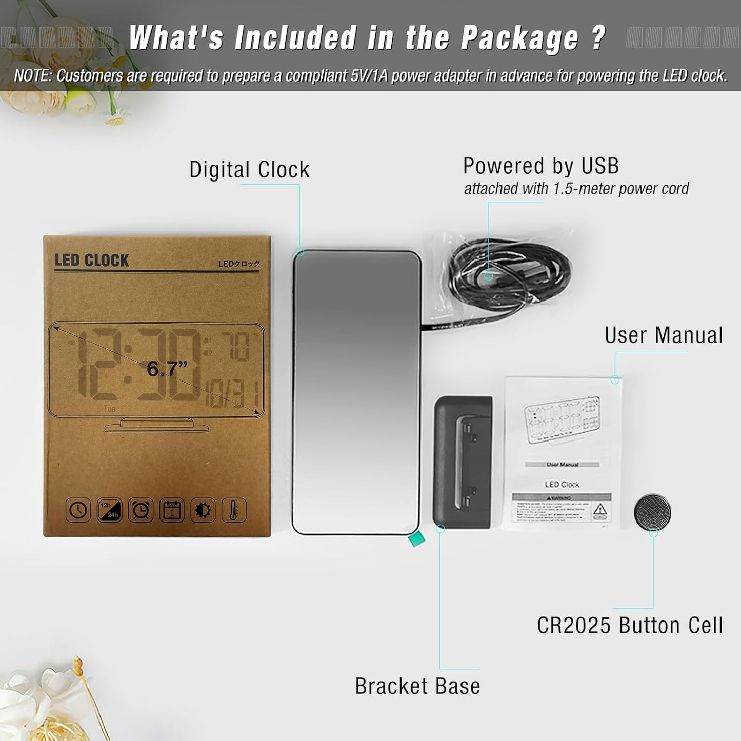 KOSUMOSU Desk Clock 6.7in Black Digital Alarm Clock with Dual Alarm, Dimming, Date, Day of Week, Temp, 12h 24h, Digital LED Clock for Table Decor, Digital Calendar Mirror Clocks Essentials