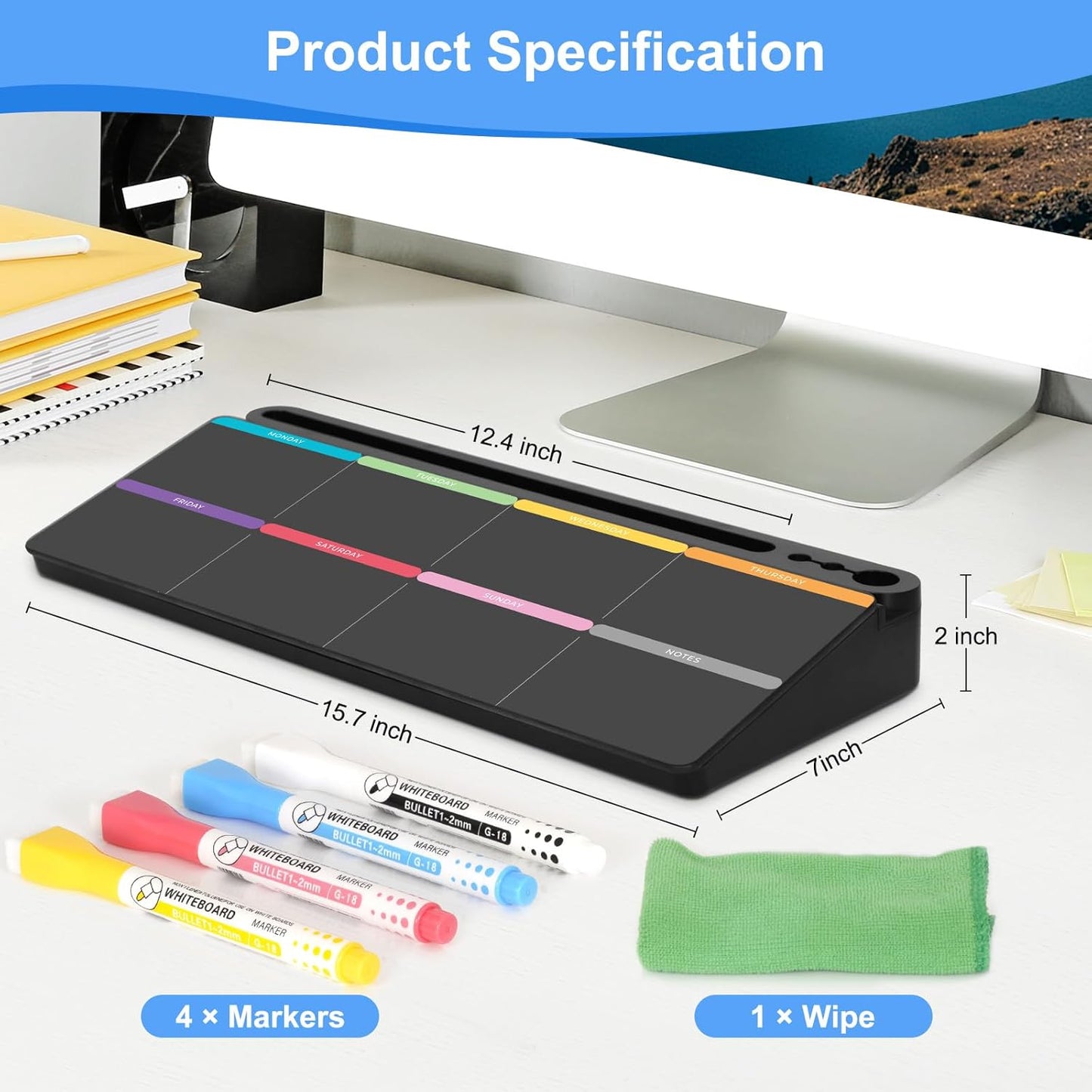Desktop Glass Whiteboard with Storage, Colorful Weekly Calendar Desk Dry Erase White Board, Desk Organizers and Accessories, Weekly Planner with Notes for List, Planning, Memo, Office, Home, School