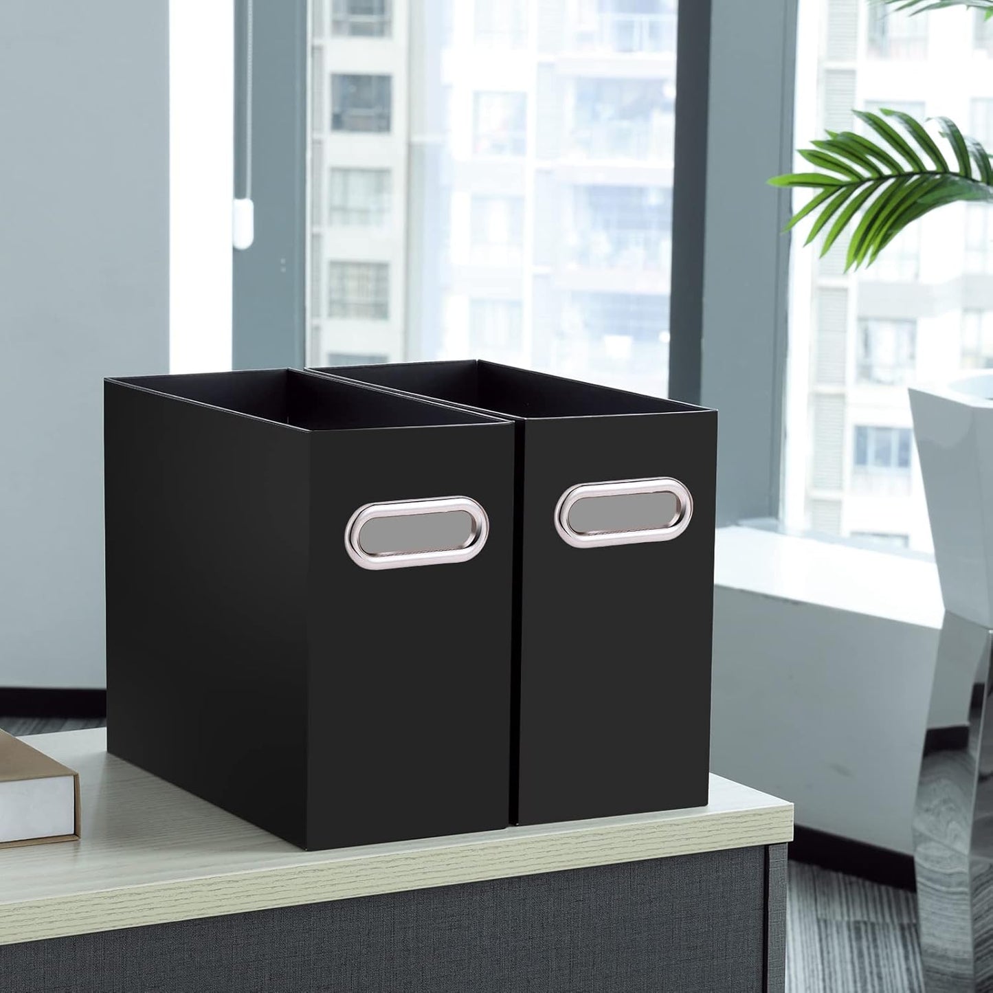 Oterri File Organizer, 2 Packs Small Storage Box, Cardboard File Folder Organizer, Collapsible File Box for Hanging File Folders Letter Size, Portable Filing Organizer with Handle（Black）