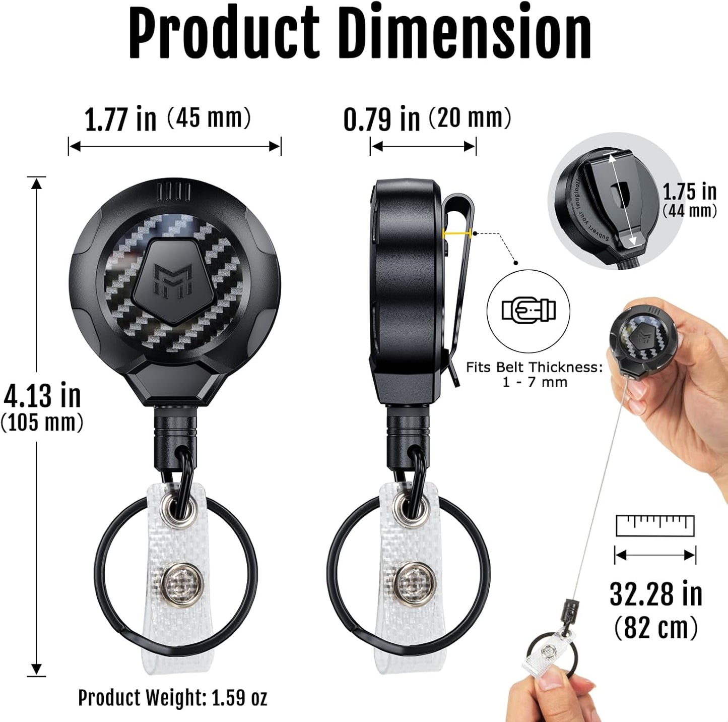 MNGARISTA Upgraded Heavy Duty Retractable Keychain with Belt Clip, 10 OZ Retraction, 31.5" Stainless Steel Cord Key Chain, 3K Carbon Fiber ID Badge Reel Holder with Badge Strap and Key Ring, 2 Pack