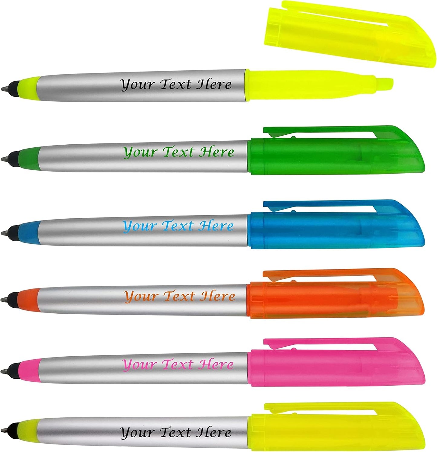 Personalized Pens with Highlighter and Stylus -175 Pack Bulk-Free Imprint - 3 In Highlighter, Ballpoint Pen, and Stylus Combo- add Custom Business Name, Logo or Gift Message- Assorted, Colored Imprint