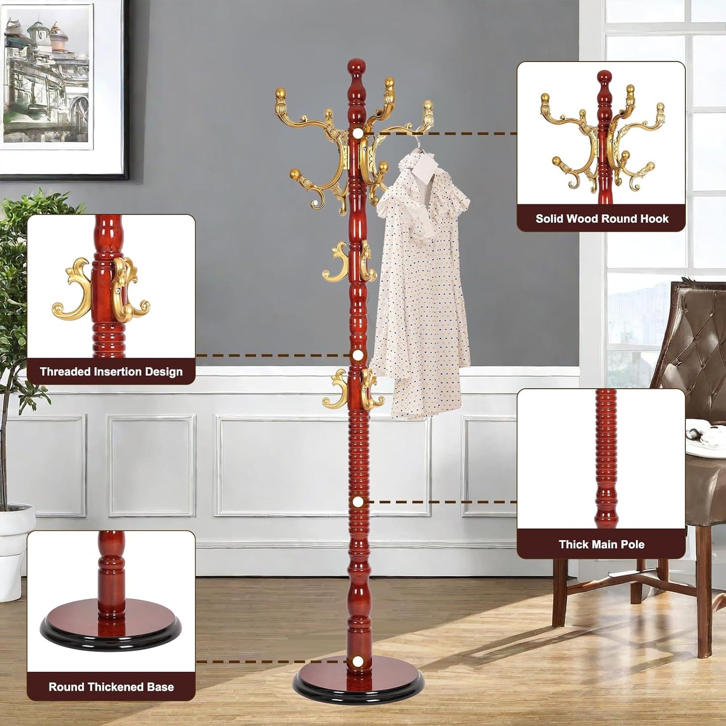 Solid Wood Coat Rack – 73" Freestanding Coat Racks Stand with 14 Hooks & Stable Base, Adjustable Height Modern Wooden Hall Tree for Entryway, Bedroom, Office, Home (Begonia Round)