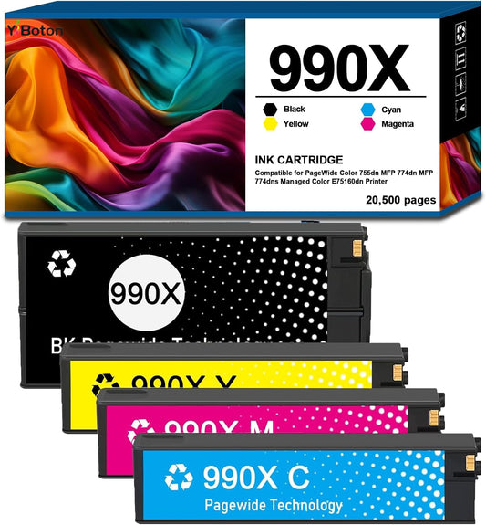 High Yield 990X 990 990XC Ink Cartridges Compatible with HP PageWide Color 755dn MFP 774dn MFP 774dns Managed Color E75160dn Printer Ink (Black,Cyan,Magenta,Yellow)