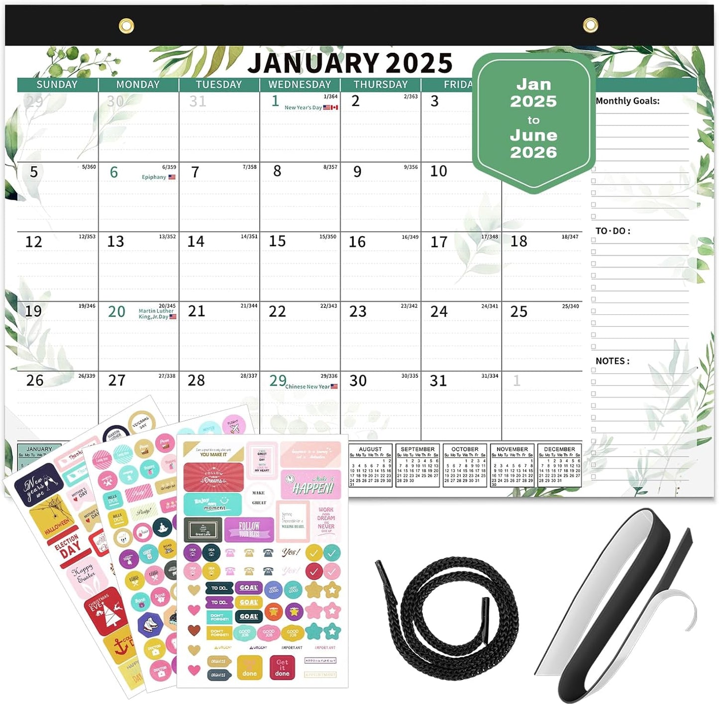 Ospelelf Desk Calendar 2025-2026, Magnetic Fridge Wall Calendar, 18 Month Monthly Large Calendar Planner with Plastic Cover Floral 17" X 12" Green Leaves