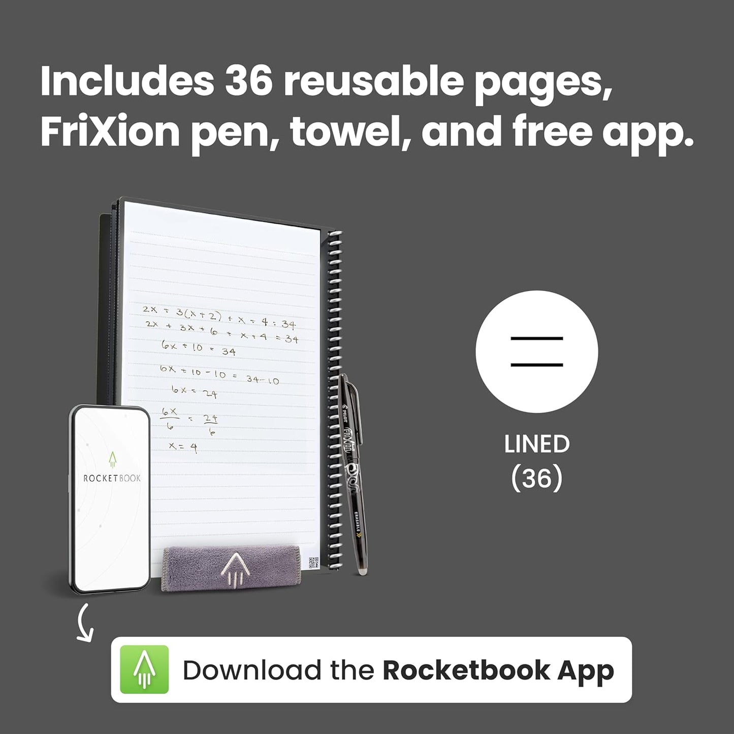 Rocketbook Core Reusable Spiral Notebook, Executive Size 6x8.8, Black - Lined Pages, App-Connected, Erasable, Durable Cover, Ideal for School, Work, and Creative Projects