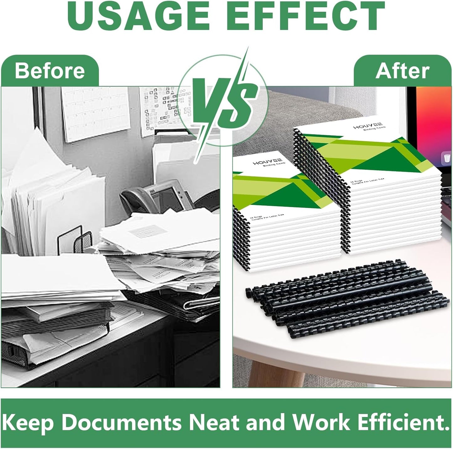 HOUYEE 5/8 Inch Plastic Binding Comb 19 Ring, 125 Sheet Capacity, Letter Size Black Comb Binding Spines (30 Pack)