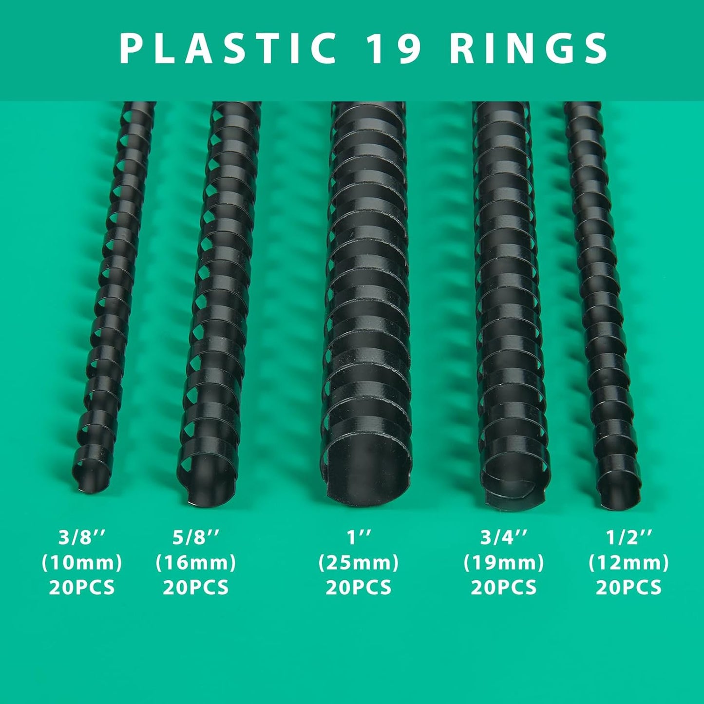 TOTiyea 100 Pack 19 Ring Binding Combs, Multi Sizes, 3/8 Inch, 1/2 Inch, 5/8 Inch, 3/4 Inch, 1 Inch, Letter Size, Black Binding Comb Spines Set