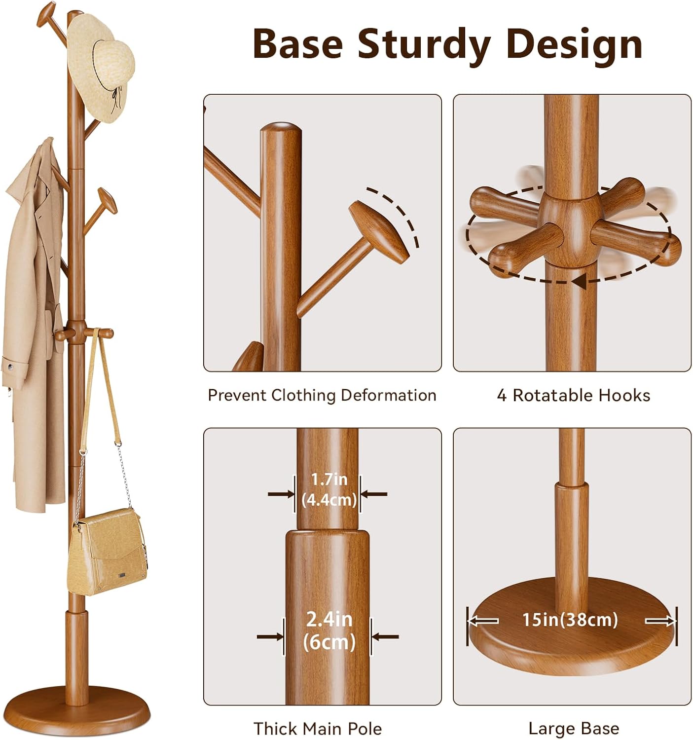 Solid Wood Coat Rack Freestanding Coat Tree with 10 Hooks for Bedroom, Livingroom, Entryway, Sturdy Coat Hanger Stand for Hats, Coats, Scarves, Handbags, Purses