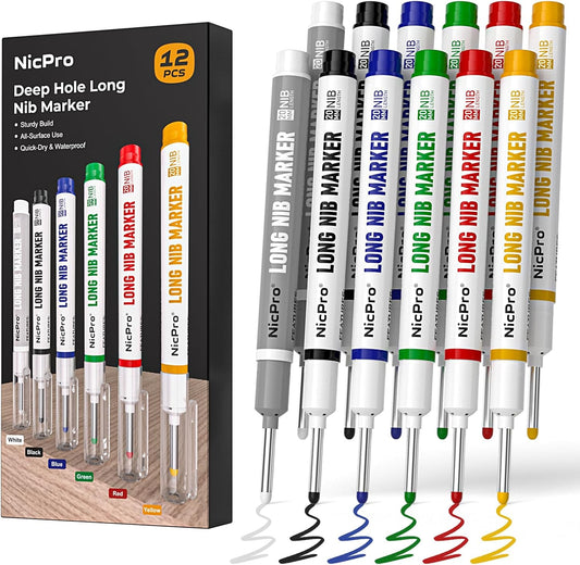 Nicpro 12 PCS Long Nib Marker Pens, 20mm Deep Hole Markers, Quick Dry & Waterproof Construction Marker, Long Head Mark Pens for Metal, Steel, Tile, Glass, Carpenter Marking Tool for Woodworking