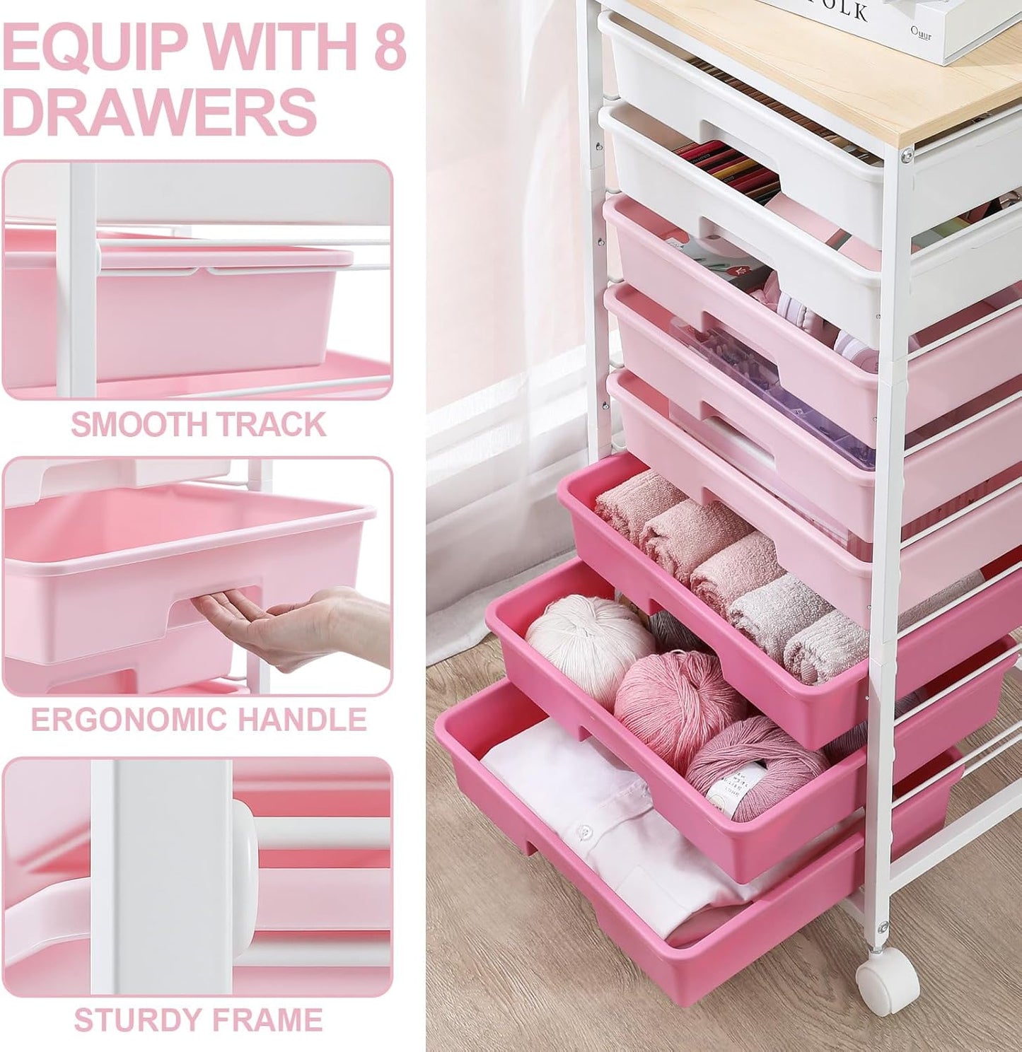 Rolling Cart with Drawers,Storage Cart with 8 Drawers and Wooden Tabletop,Utility Cart for Living Room,Classroom, Bedroom,Bathroom,Dorm,Office,Rose Pink