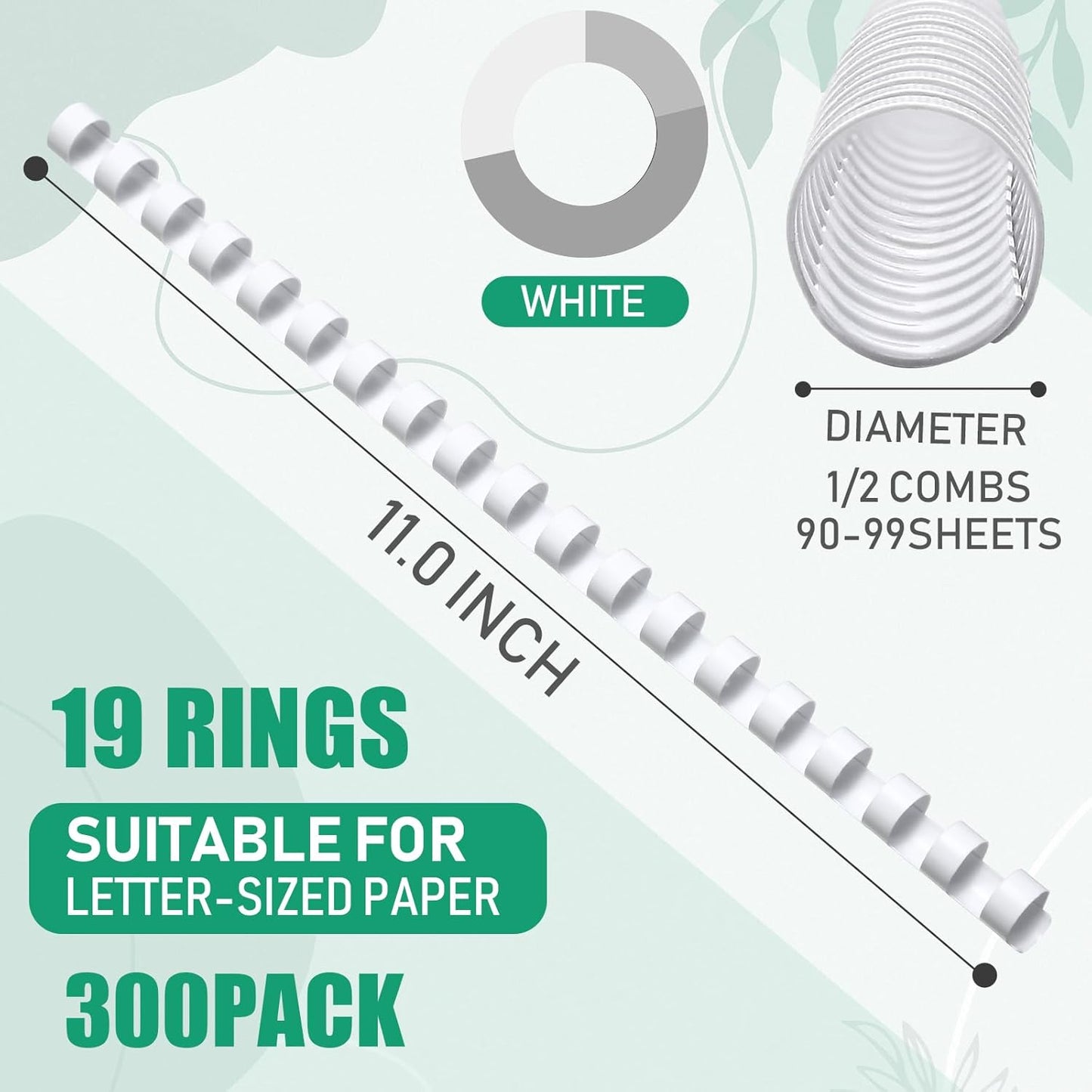 Maitys 300 Pcs Plastic Binding Combs Bulk 19 Ring Comb Spines Letter Size Spiral Binding for Notebook Calendar Picture (1/2 Inch,White)