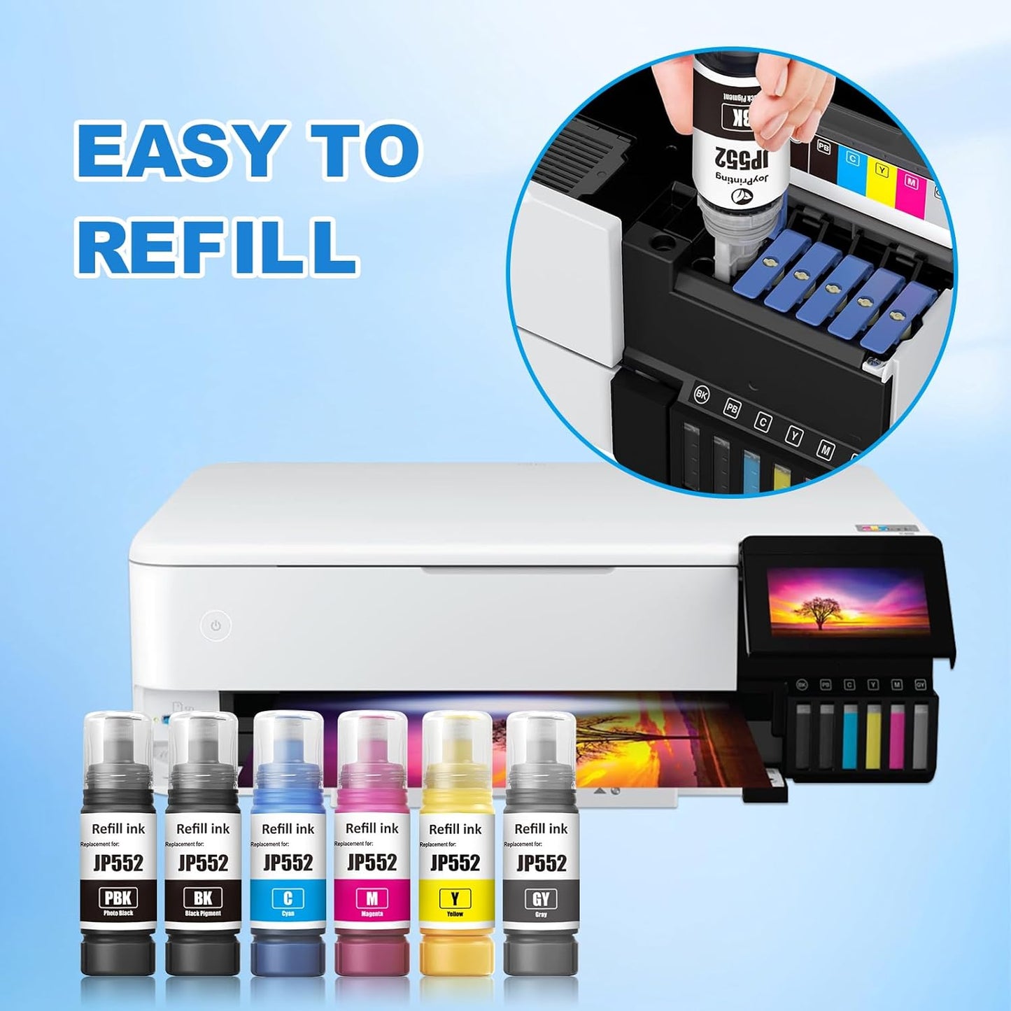 552 Ink Refill Bottles 6 Pack Compatible 552 Ink Bottles T552 Ink High Capacity Work for ET-8550 ET-8500 Printers (BK PB C M Y GY)