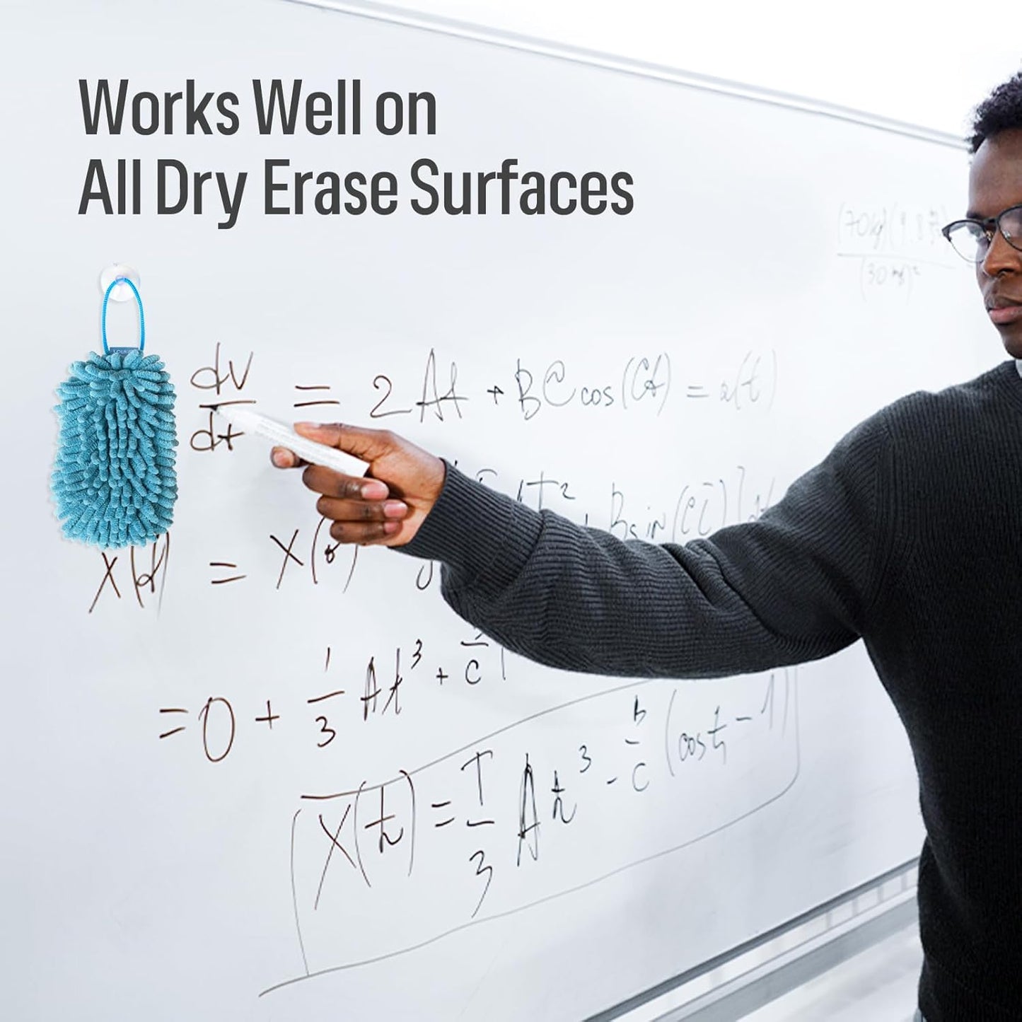 loukin Shag Dry Erase Eraser (3.4 Fl Oz Whiteboard Cleaner Included), Whiteboard Eraser with Suction Cup, Microfiber, Washable, for Classroom, Home and Office Use, Blue