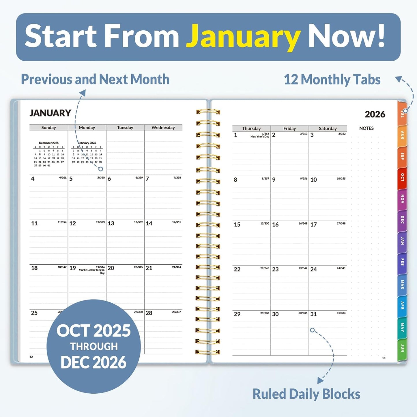 SUNEE 2026 Weekly and Monthly Planner - from January 2026 - December 2026, 6.4" x 8.3" Daily Agenda Planner with Monthly Tab, Flexible Cover, Note Pages, Pockets, Bookmark, Spiral Binding, Gray Blue