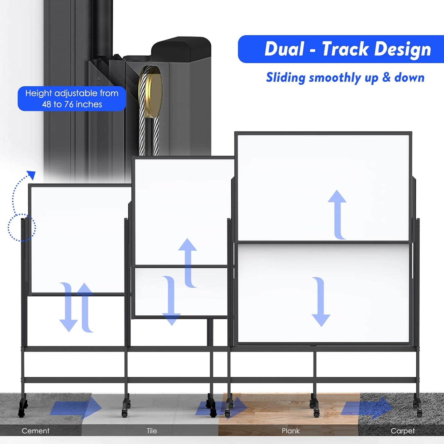 Double-Sided White Board on Wheels, 48x60 Inch (4'x5') Large Magnetic Mobile Dry Erase Board, Height Adjustable Stand Rolling Whiteboard for Office, Classroom, Home School Use, Black