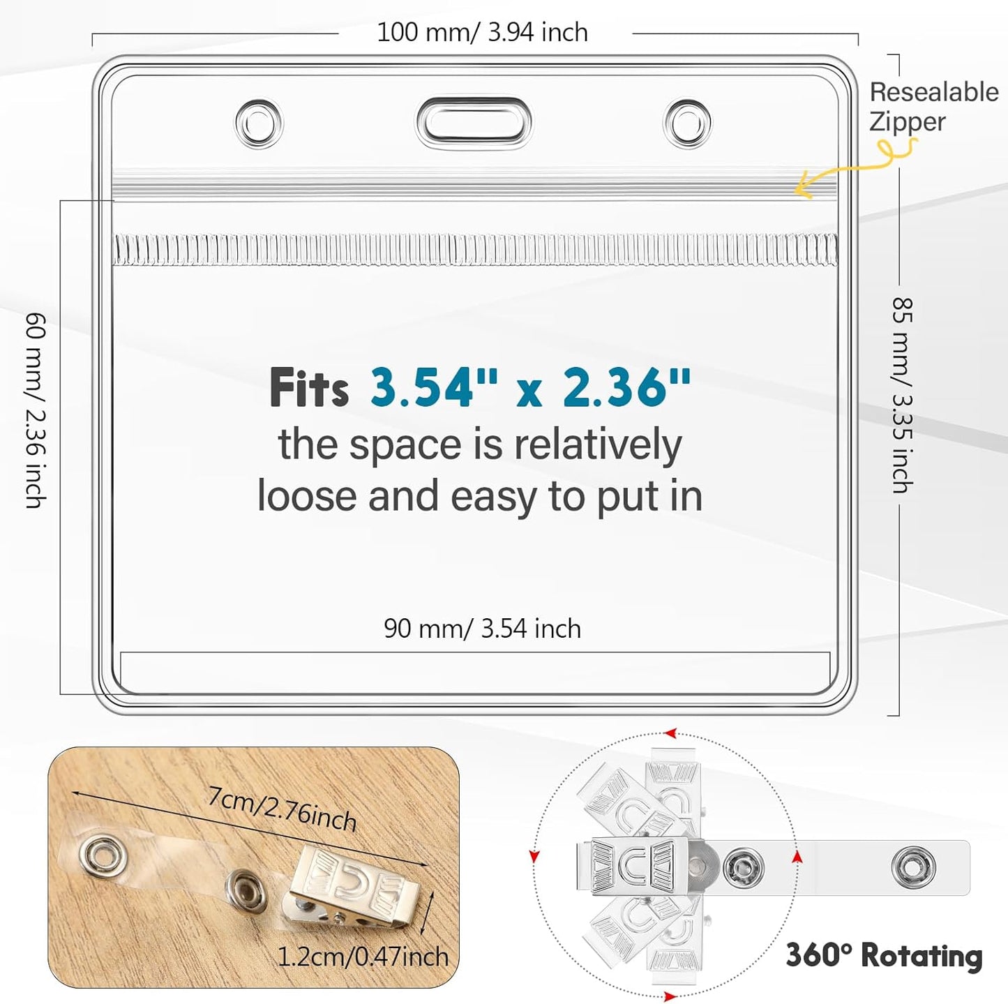 Zonon 150 Sets Name Badge Holders with Clip Clear on Name Tag Waterproof PVC ID Transparent Badge Holder with Resealable Zipper Seal Metal for Teacher Student Worker(English Clip)