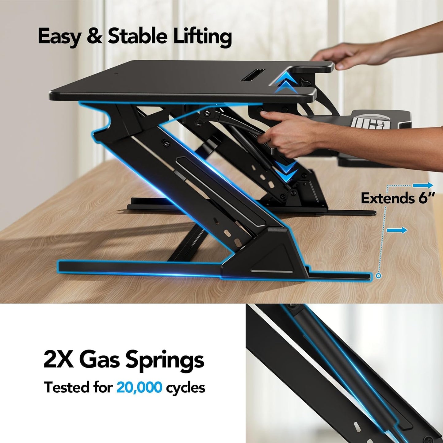 HUANUO 36" Z Shaped Stable Electric Standing Desk Converter, Height Adjustable Sit Stand Up Desk Riser, Dual Monitor and Laptop Workstation with Wide Keyboard Tray, Desk Lifter for Home Office