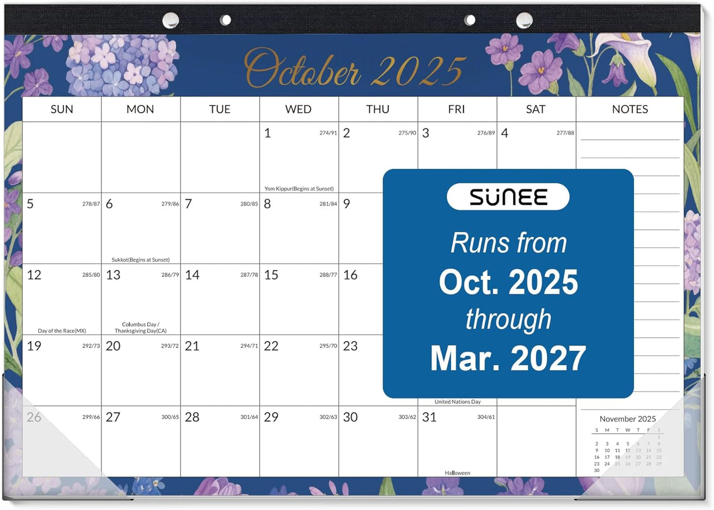 SUNEE Desk Calendar 2025-2026 - 18 Month Calendar Oct 2025 - Mar 2027, 17" x 12" Desktop Calendar with Notes, for Planning, Organizing in Family, School or Office - Colorful Floral 2026 Calendar