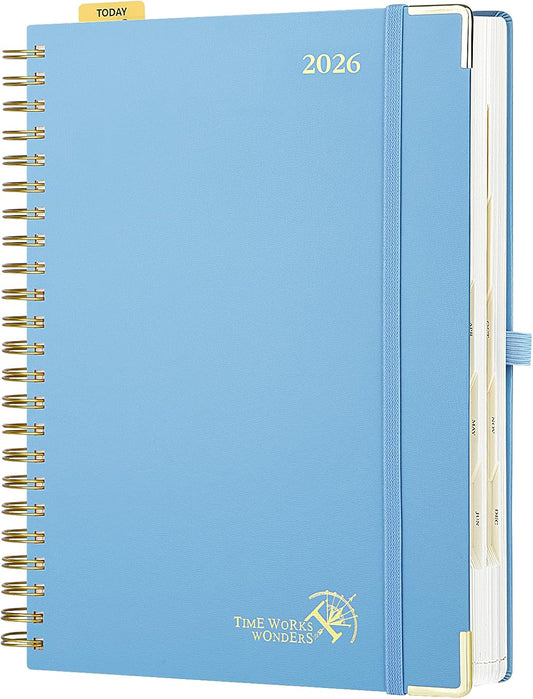 POPRUN 2026 Daily Planner One Page A Day - [A4 Large Size 8.25" x 12" -Spiral Hard Cover], Agenda 2026 Hourly Appointment Book with Monthly Calendar, Pen Holder, Ivory Paper -Haze Blue