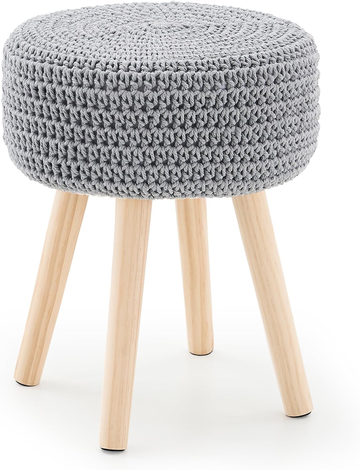 Cotton Knitted Ottoman Round Footstool Vanity Stool Modern Ottoman Footrest Stool with Non-Skid Wood Legs for Living Room Bedroom Grey