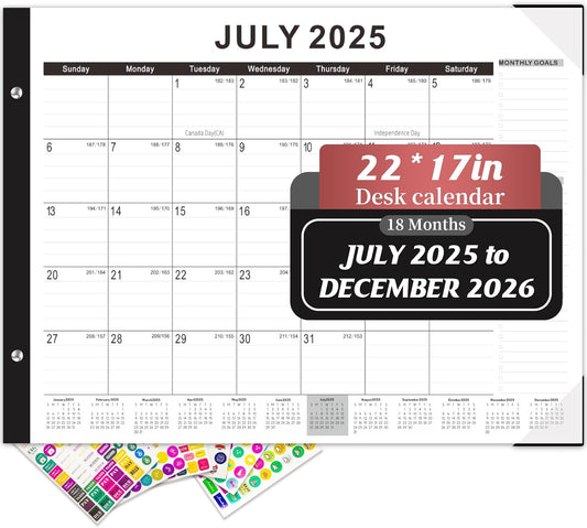 Gannyfer Desk Calendar 2025-2026, Large Calendar 2026 22" x 17", July 2025 - Dec 2026, 18 Monthly Academic Desktop Pad Calendar with Plastic Cover, Thick Paper, for Planning and Organizing in Office, School, Family(6 Stickers)