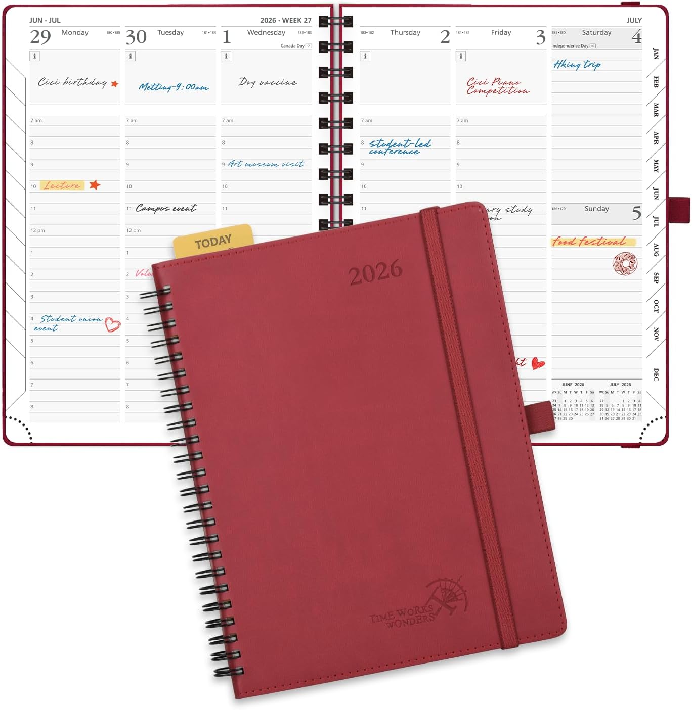POPRUN 2026 Planner (Medium - 6.5'' x 8.5'') with Hourly Schedule, Vertical Layout - 2026 Weekly Calendar (Jan. 2026 - Dec.2026) for Time Management, Monthly Tabs, Spiral Bound, Soft Cover - Burgundy Red