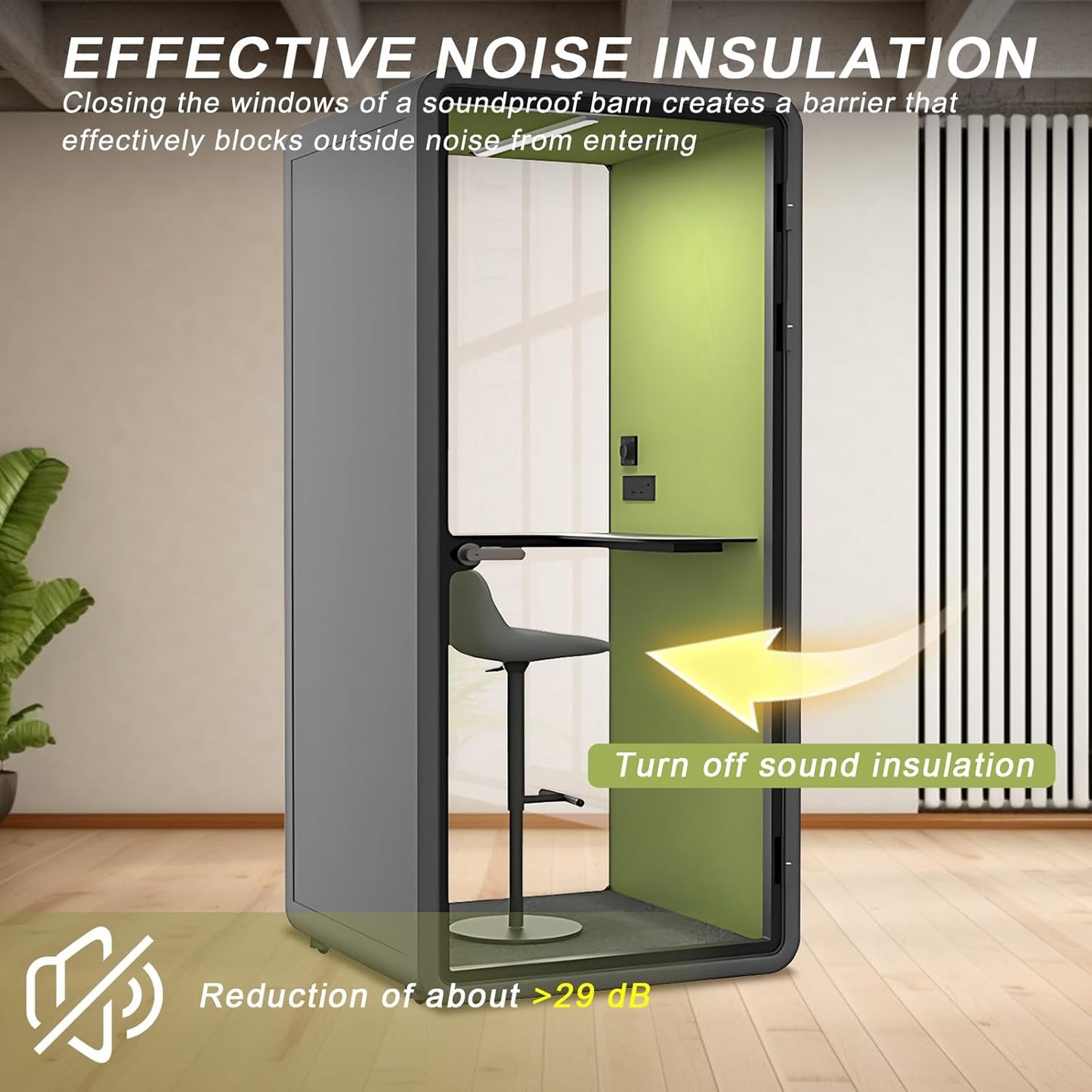 Office Sound Booth with Audio Privacy - Portable Soundproof Pod with Gray & Green Design,Phone Pod with Light,Ventilation,Socket for Phone,Singing,Work