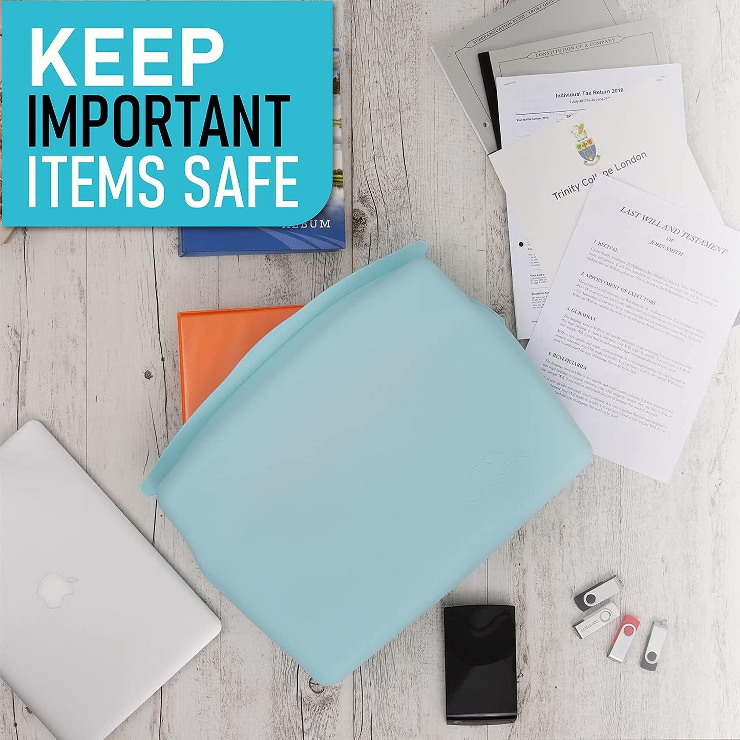 Large Silicone Waterproof and Heat Resistant Bag- Airtight Zip Closed Seal Pouch, Fireproof & Water Proof Safe Storage Holder for Cash, Passport, Laptop, Folder, Important Legal Documents & Valuables