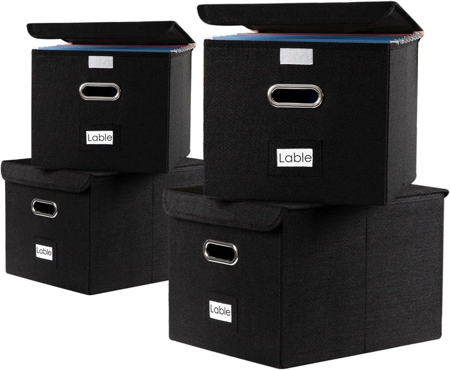 PRANDOM File Organizer Box - Set of 4 Collapsible Decorative Linen Filing Storage Hanging File Folders with Lids Office Cabinet Letter Size Black (15x12.2x10.75 inch)