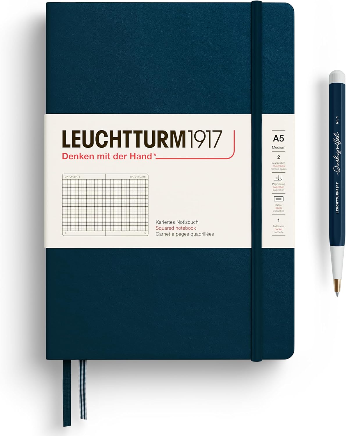 LEUCHTTURM1917 - Notebook Hardcover Medium A5-251 Numbered Pages for Writing and Journaling - Thinking Ahead (Squared Paper, Deep Sea)
