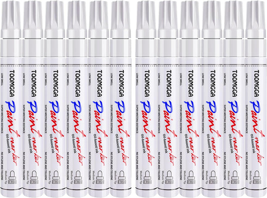 White Paint Pens Permanent Paint Markers - 12 Pack Oil Based Marking Pens, Medium Point, Quick Drying and Waterproof Pens for Rock Painting Car Tyre Metal, Plastic, Canvas, Wood