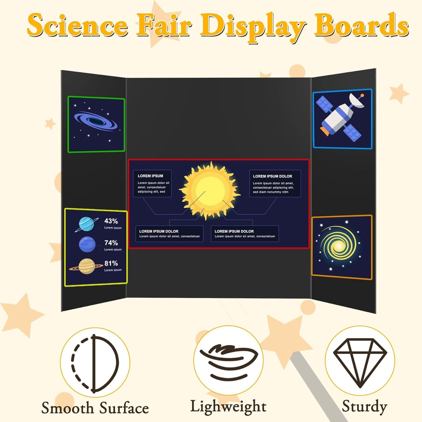 3PCS Small Trifold Poster Board, 21 x 14 Inches Black Corrugated Cardboards Mini Tri Fold Poster Boards for School Projects, Science Fair, Business Presentations, Exhibitions, Event Display