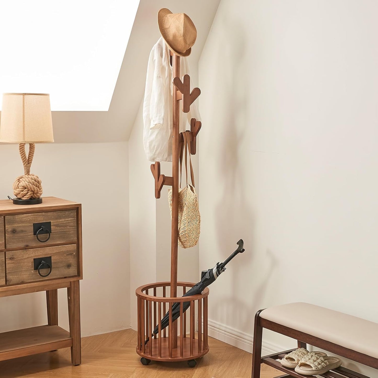 Uniclinens Solid Wood Coat Rack Freestanding with Umbrella Holder, Tree Coat Rack Stand with Lockable Universal Casters & 12 Hooks for Entryway Bedroom, Walnut